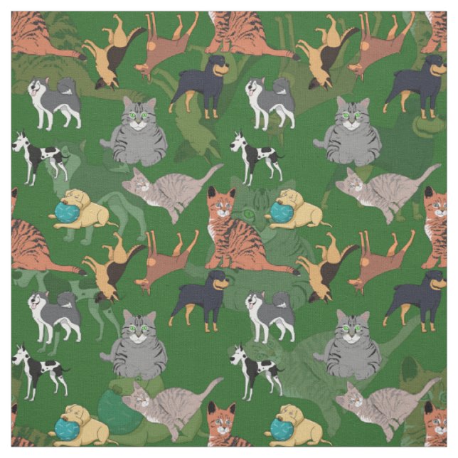 Tecido Gatos E Cachorros Padrão Design Em Verde  (Modelo)