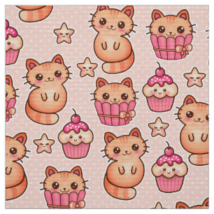 Tecido Gatos e Cupcakes Cutes Cons e Padrões Rosa Kawaii
