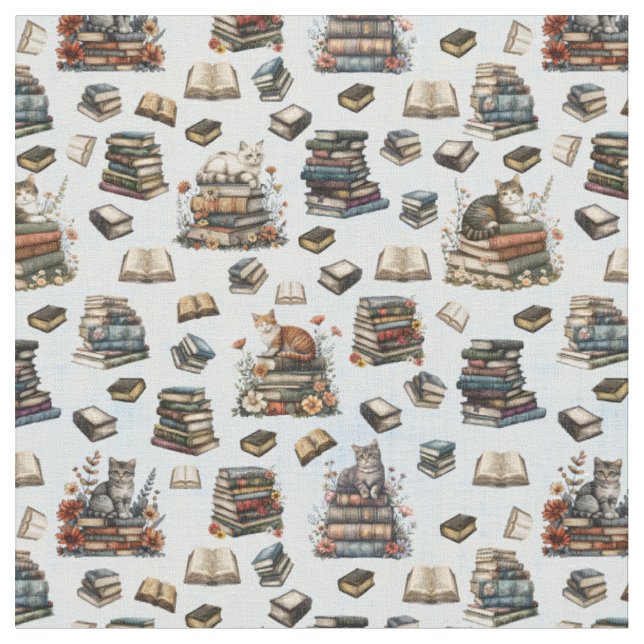 Tecido Gatos e Livros em Azul Claro (Detalhe)