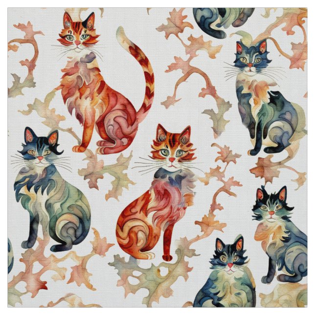 Tecido Gatos em Padrão Chinês de Aquarela (Modelo)