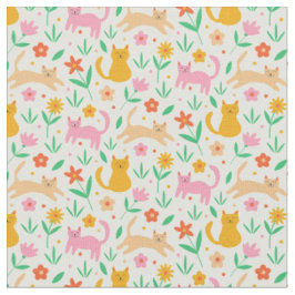 Tecido Gatos Felizes Retro com Flores Laranja Vermelho e 