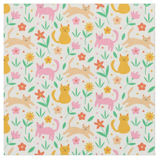 Tecido Gatos Felizes Retro com Flores Laranja Vermelho e  (Detalhe)