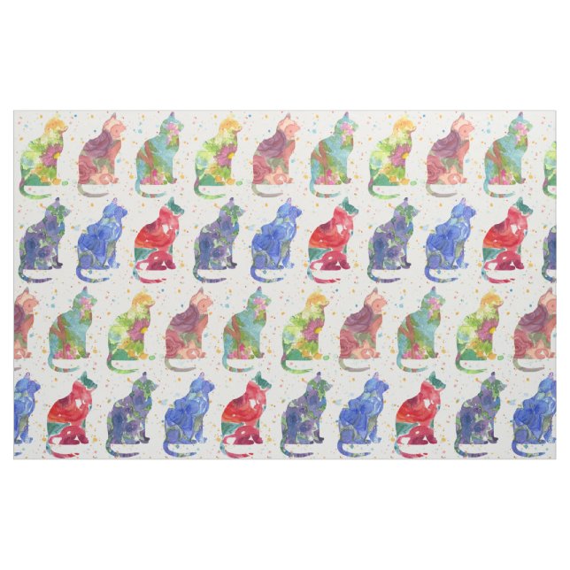Tecido Gatos Flores de Aquarela Manchas (Fat Quarter)