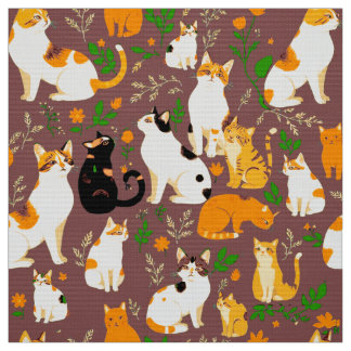 Tecido Gatos Fofos em um Fundo Marrom Café