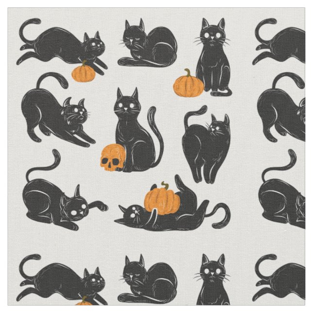 Tecido Gatos Negros, Halloween, Pumpkins e Skulls (Detalhe)