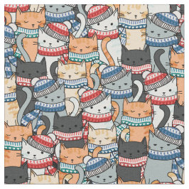 Tecido Gatos no padrão de escarpas e chapéus de inverno