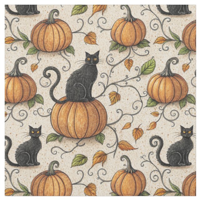 Tecido Gatos Pretos e Abóboras Estilo de Halloween (Detalhe)