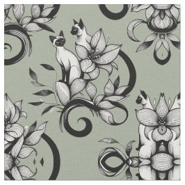 Tecido Gatos Siameses Elegantes Ilustração Floral Vintage