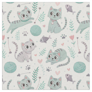 Tecido Gatos Traviesos, Linha e Peixes - Padrão de Gato F