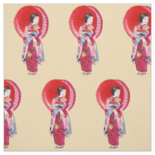 Tecido Geisha japonesa com arte aguda quimono vermelha