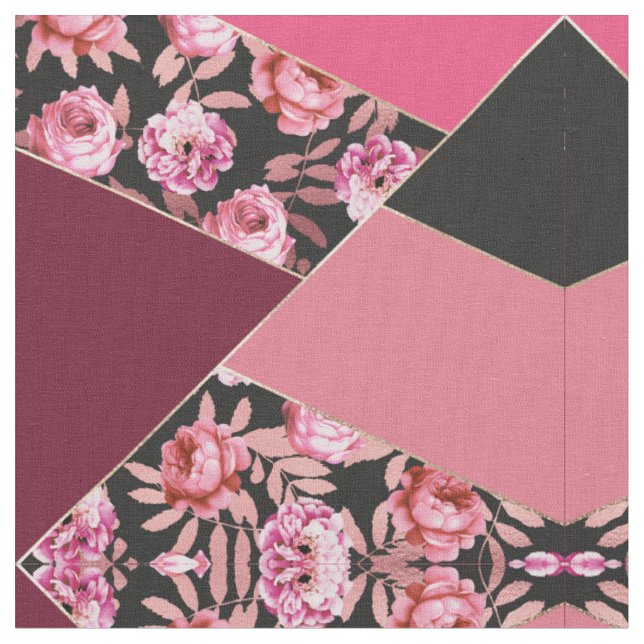 Tecido Geométrico Floral Preto-Rosa Moderno Dourado (Detalhe)