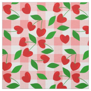 Tecido gingham rosa coração em forma de cereja rockabilly