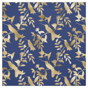 Tecido Glam Dourado Hummingbird Marinho Gráfico Azul
