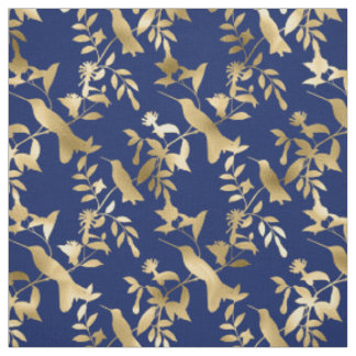 Tecido Glam Dourado Hummingbird Marinho Gráfico Azul