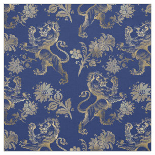 Tecido Glam Dourado Leões Flores Marinho Gráfico Azul