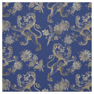Tecido Glam Dourado Leões Flores Marinho Gráfico Azul