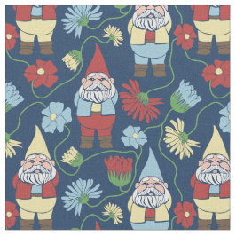Tecido Gnomos de Jardim com Flores Marinho Azul Padrão