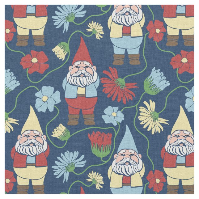 Tecido Gnomos de Jardim com Flores Marinho Azul Padrão (Detalhe)