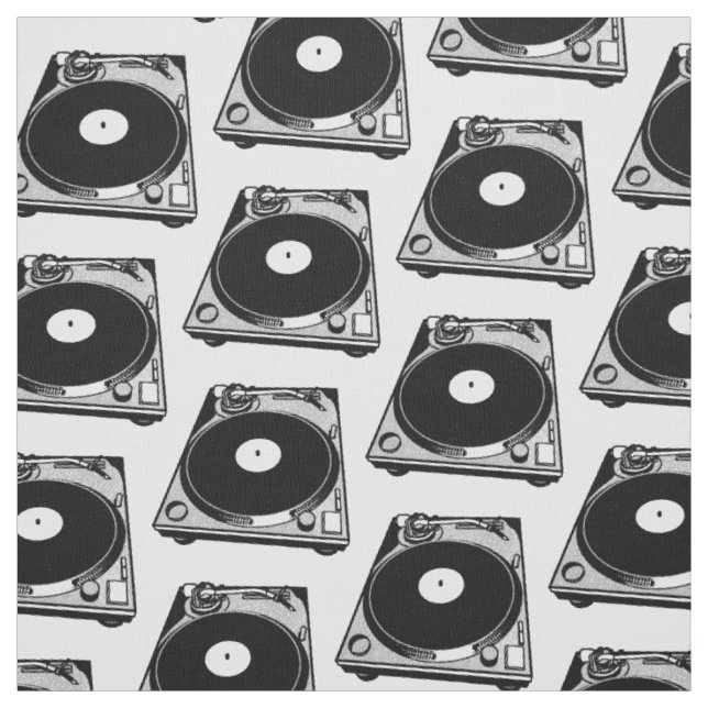 Tecido Gráficos de Toca-Discos Retro em Preto (Modelo)