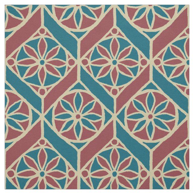 Tecido Grená, Azul Turquesa Padrão Étnico, Flores, Chevro (Modelo)