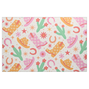 Tecido Groovy Cowgirl Boots and Hats Patterno with Cactus