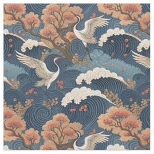 Tecido Groseira Crane e Flor de Cerejeira Desenho Japonês
