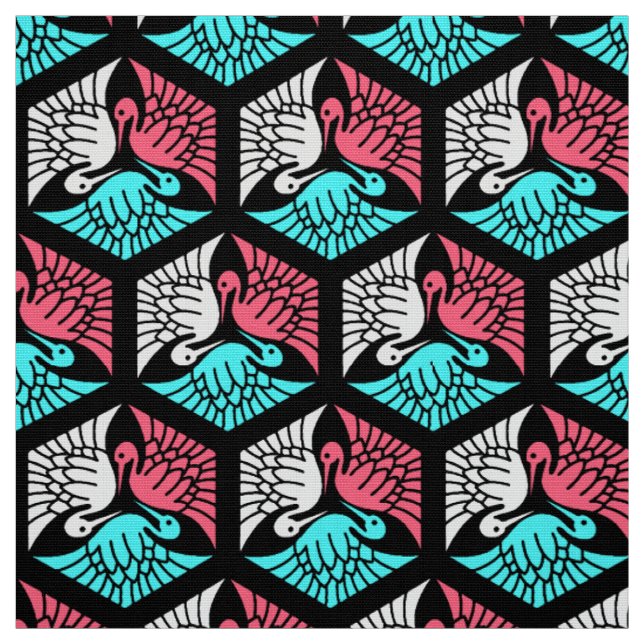 Tecido Gruas japonesas, coral, turquesa e preto (Modelo)