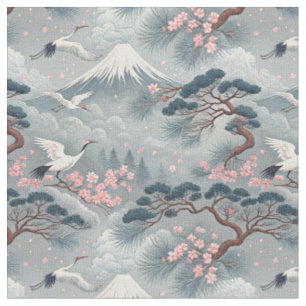 Tecido Gruas Japonesas & Flor de Cerejeira Padrão Mt Fuji