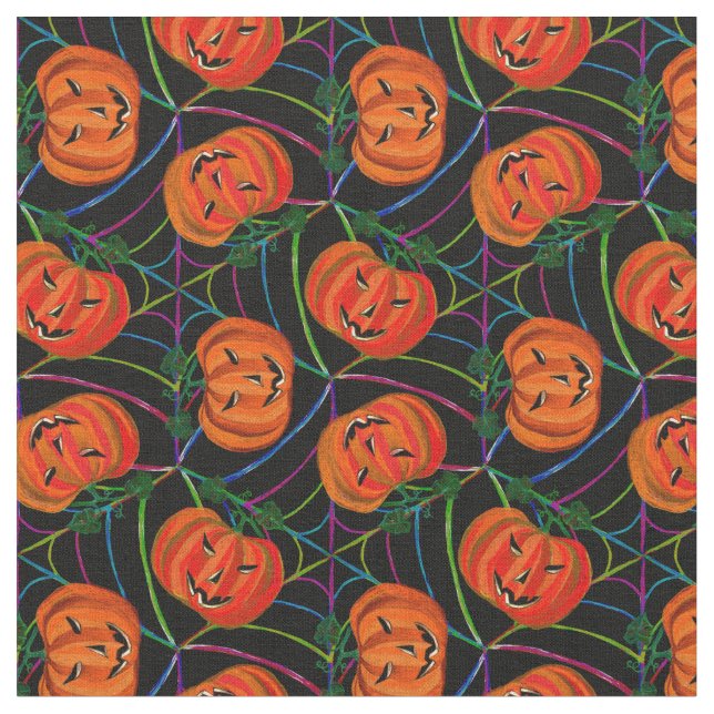 Tecido Halloween Jack o'lantern Cobwebs Pattern Pumpkins (Detalhe)