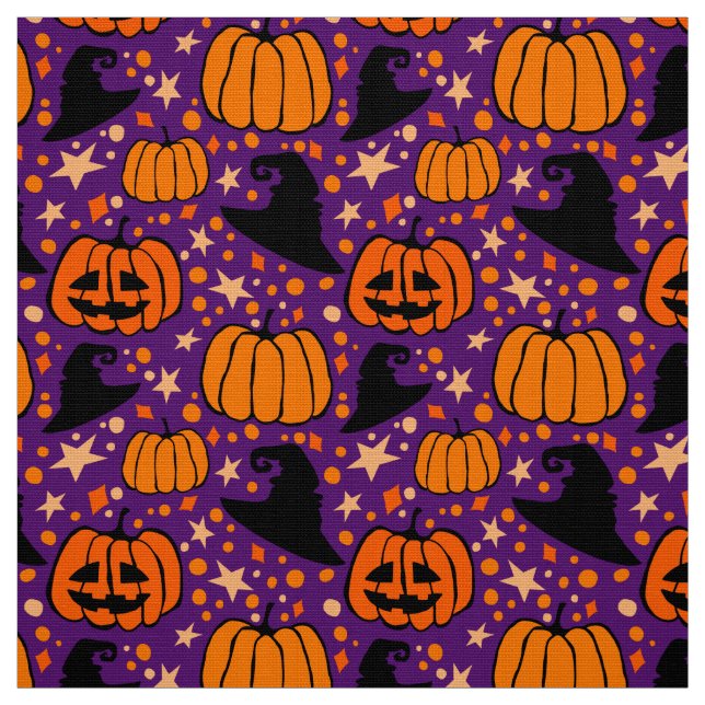 Tecido Halloween Jack O'Lantern E Bruxa Roxo De Chapéu (Modelo)