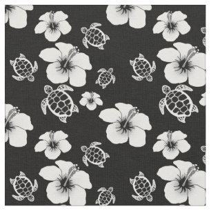 Tecido Hawaiian preto e branco de Honu do hibiscus