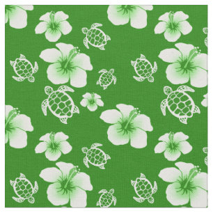 Tecido Hawaiian verde de Honu do hibiscus