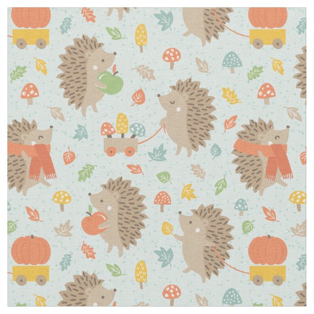 Tecido Hedgehogs bonitos com azul de Pequenas Folhas (Detalhe)