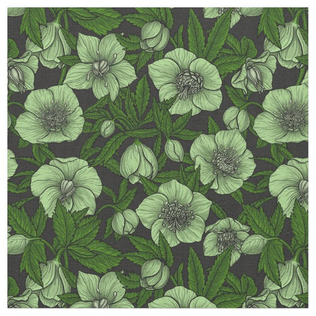 Tecido Hellebores brancos com folhas (Detalhe)