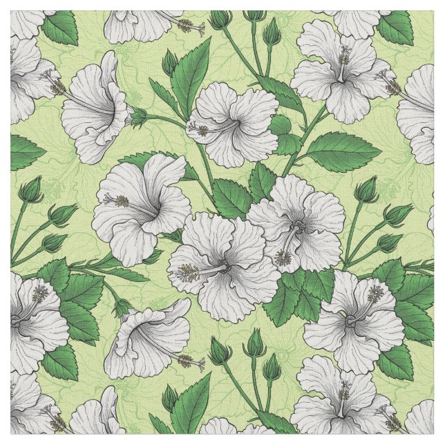 Tecido Hibisco Branco Padrão Floral Tropical (Detalhe)
