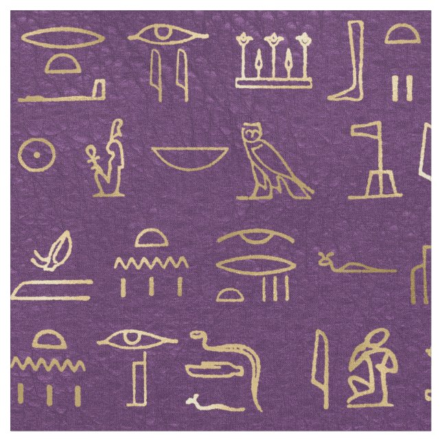 Tecido Hieróglifos Metálicos Dourados do Egito em Roxo (Detalhe)