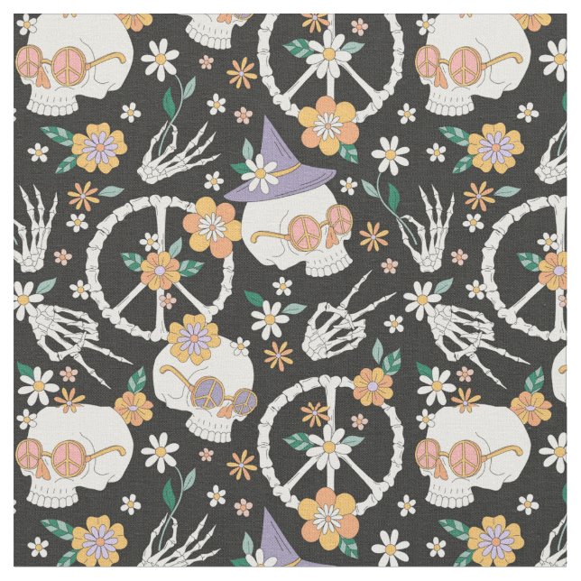 Tecido Hippie Halloween Skulls and Flowers Standard (Detalhe)