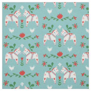 Tecido Horse Folk Branco Azul Natal Vermelho