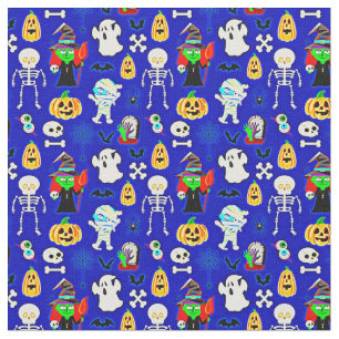 Tecido Ícones de Designs do Dia das Bruxas em Azul