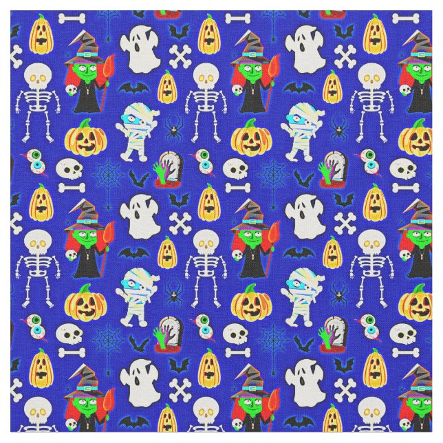 Tecido Ícones de Designs do Dia das Bruxas em Azul (Detalhe)