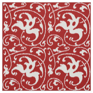 Tecido Ikat Floral Damask - Vermelho escuro e branco