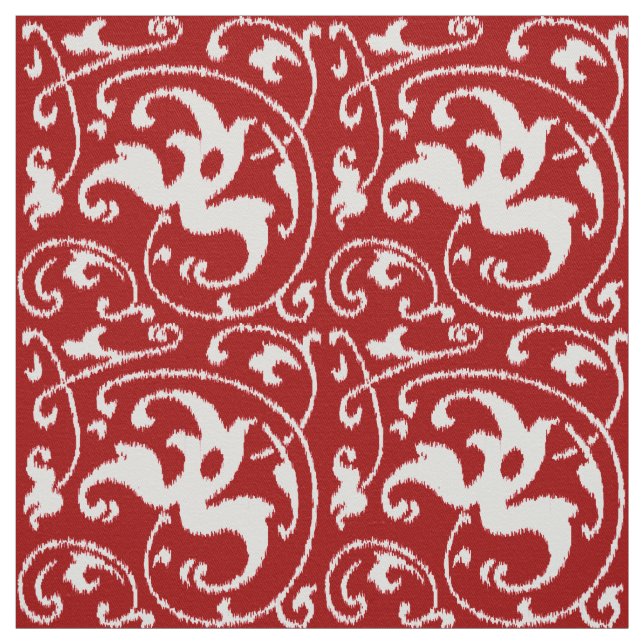 Tecido Ikat Floral Damask - Vermelho escuro e branco (Modelo)