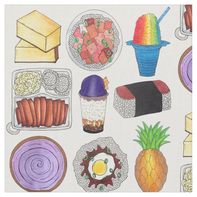 Tecido Ilha Comida Havaiana Cuisine Shave Ice Loco Moco (Detalhe)