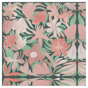 Tecido Ilustrações de Folhas Verdes de Coral rosa Dourada