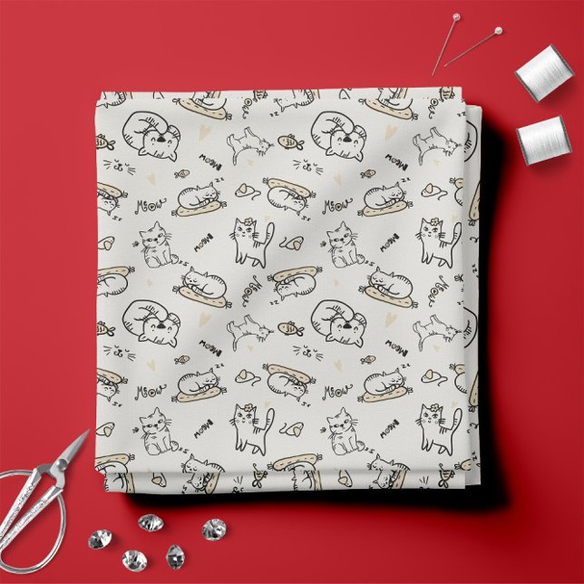 Tecido Ilustrações de Gatos 😼 Bonitos e Brancos (Tan and White 😼 Cute Cat Illustrations Fabric 
)