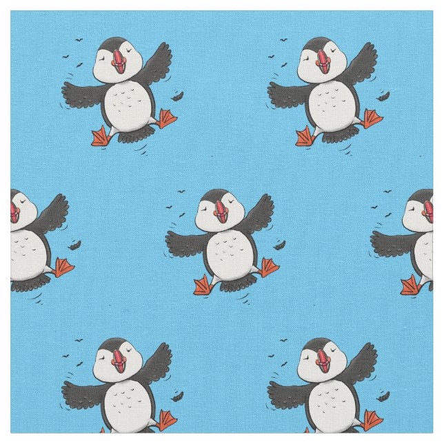 Tecido Imagem azul de desenho animado de puffin voador e  (Detalhe)