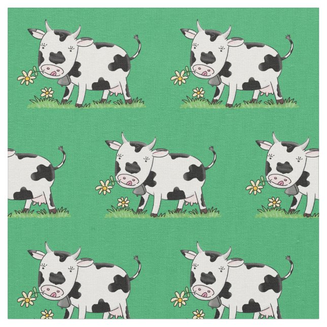 Tecido Imagem de desenho animado de uma vaca em verde (Detalhe)