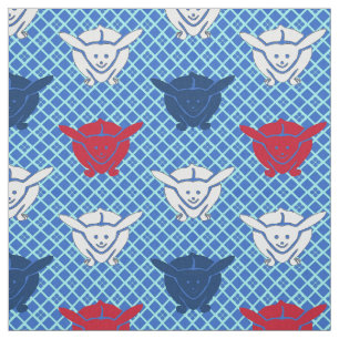 Tecido Impressão de coelho japonês, azul com vermelho e b