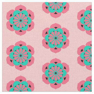 Tecido Impressão de Flor de Lotus, Rosa de Coral e Turque