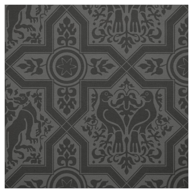 Tecido Intercalação de Aves e Cães Medievais, Preto (Modelo)